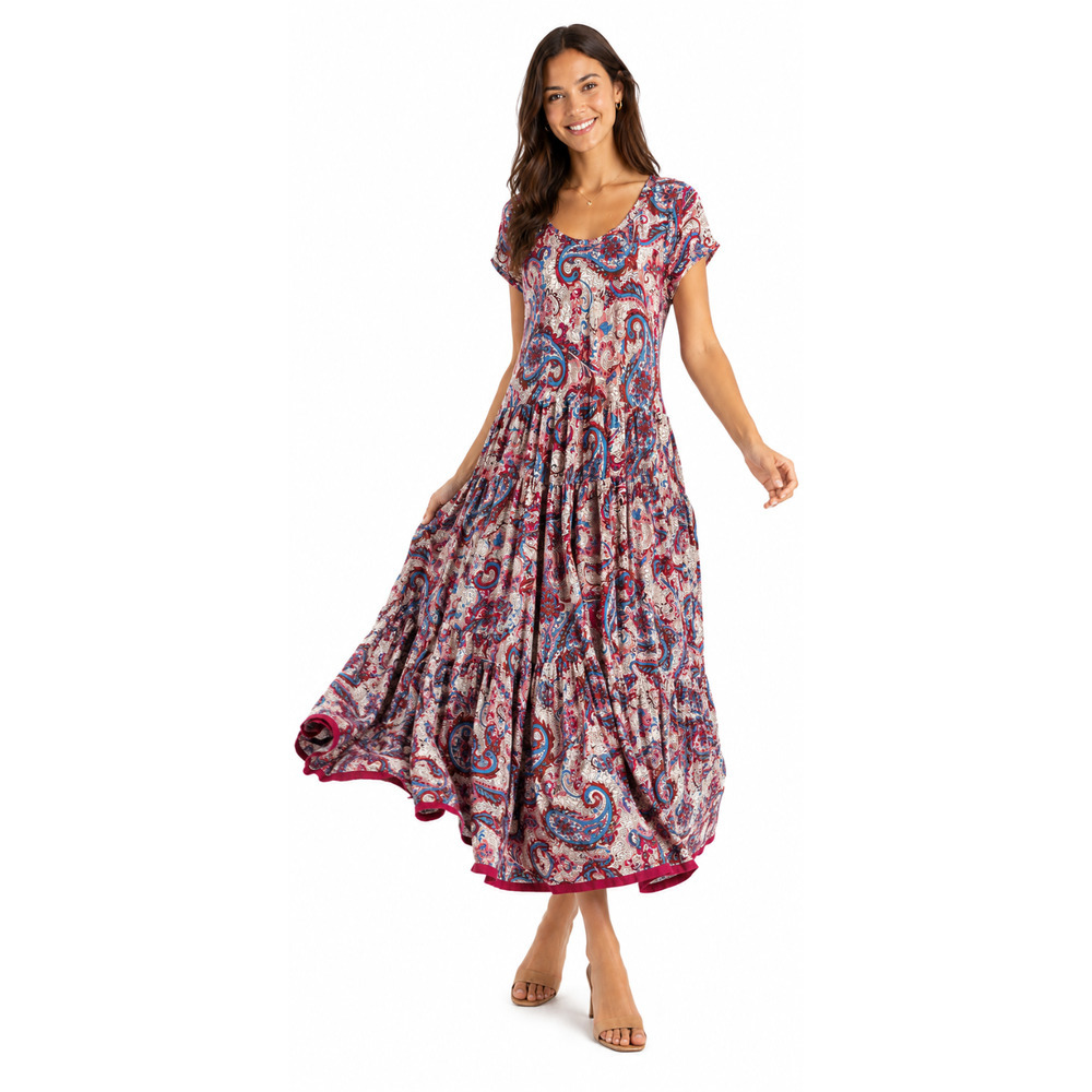 Soft Surroundings Kara Framboise Maxi Dress Size Large Paisley Short Sleeve Red